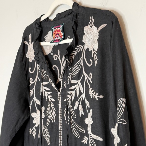 Johnny Was Black Linen Embroidered Frankie Tiered Field Dress Bird Boho Large - Picture 8 of 15